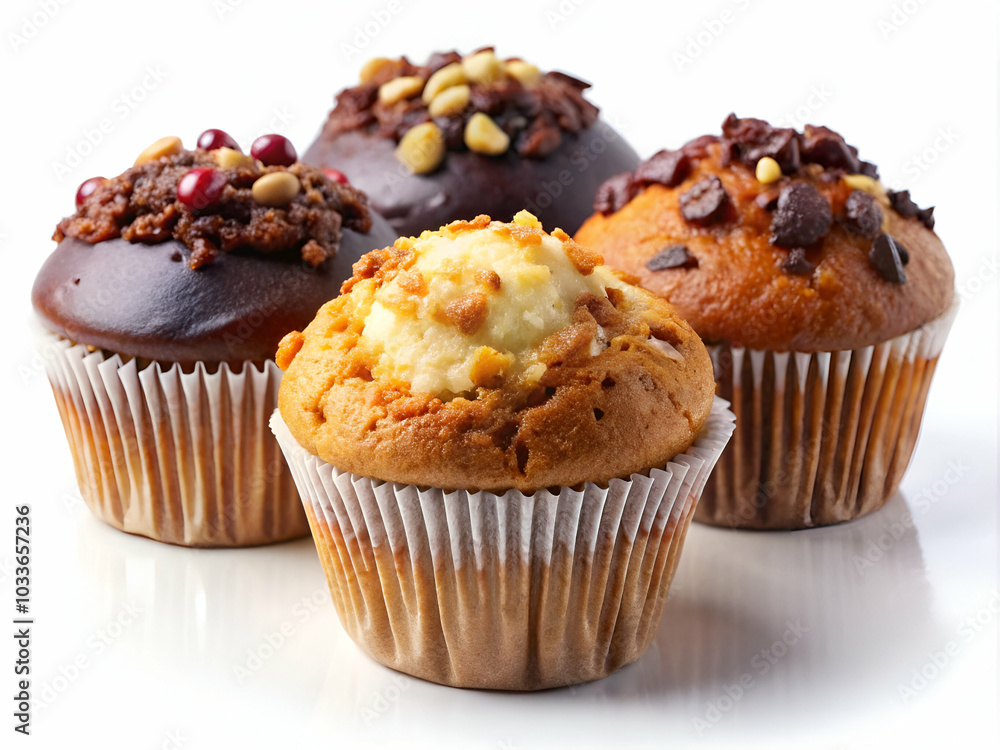 A trio of muffins featuring various toppings set against a white background A trio of muffins featuring various toppings set against a white background