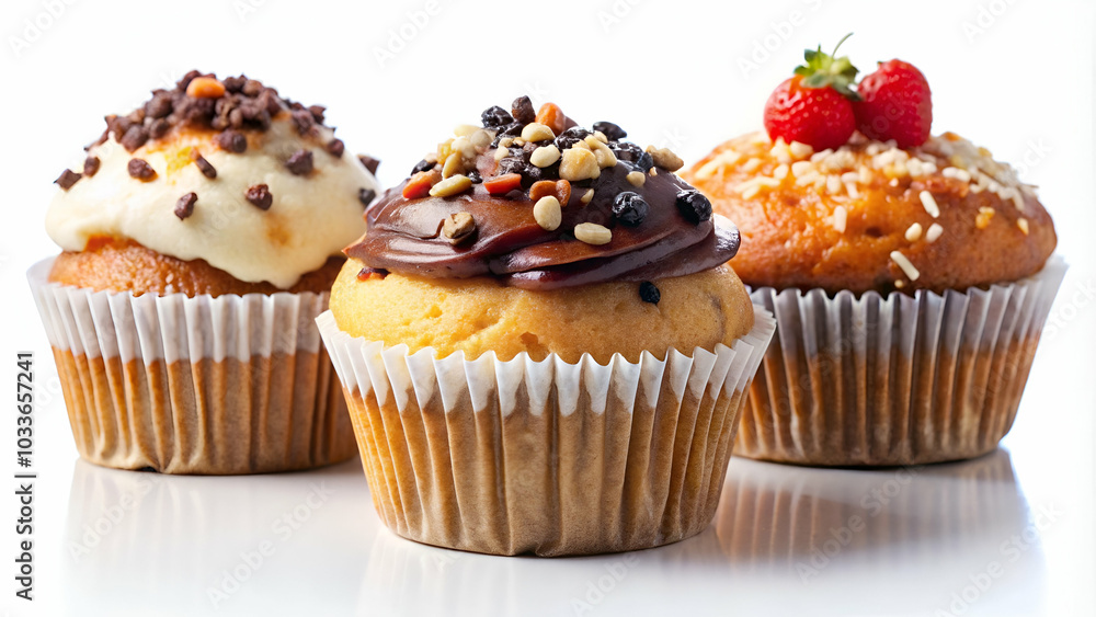 A trio of muffins featuring various toppings set against a white background A trio of muffins featuring various toppings set against a white background