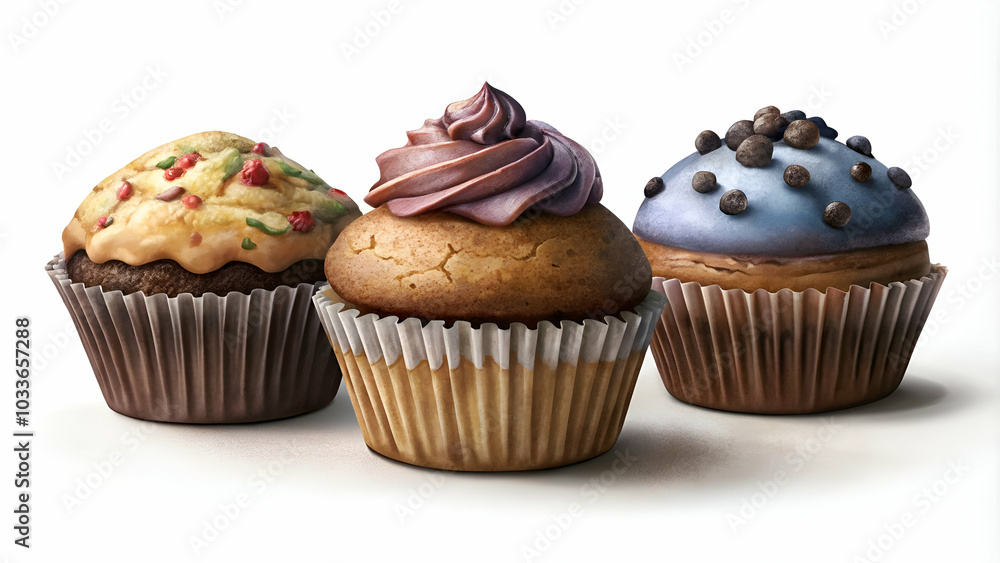 A trio of muffins featuring various toppings set against a white background A trio of muffins featuring various toppings set against a white background
