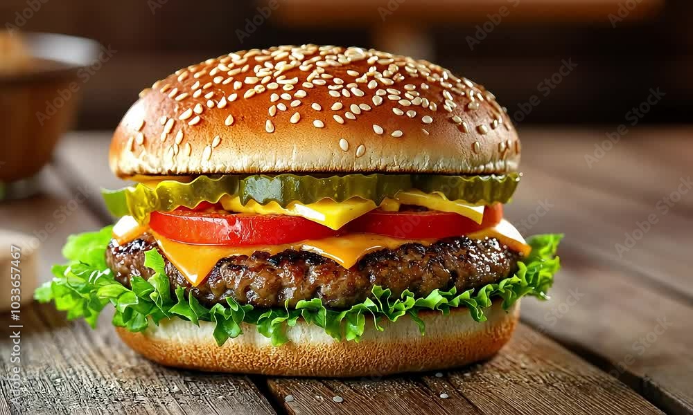 Grilled Cutlet Hamburger Presented on a Natural Wooden Board Grilled Cutlet Hamburger Presented on a Natural Wooden Board