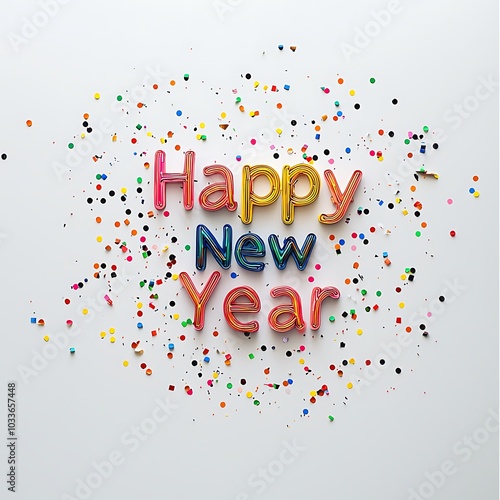 Colorful "Happy New Year" text surrounded by confetti, celebrating the start of a new year in a festive and cheerful atmosphere.