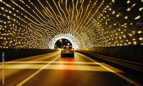 The car is going through a brightly lit tunnel.