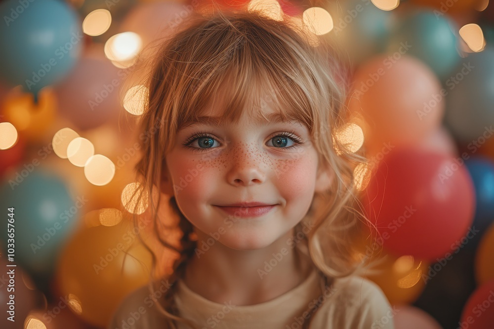 Smiling child in front of colorful balloons and lights, evoking joy and celebration in a vibrant, festive setting. Smiling child in front of colorful balloons and lights, evoking joy and celebration in a vibrant, festive setting.