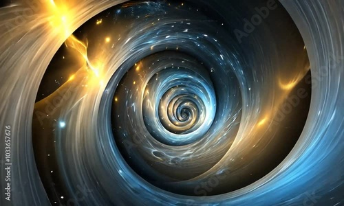 A spiral of light that spins in a circle. Blue, yellow, white. Abstraction.