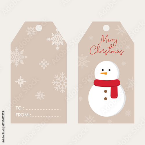 Printable christmas tag labels with front and back sides. Vector illustration of christmas tag with snowman on the front side and snowflakes on the back side in flat style.