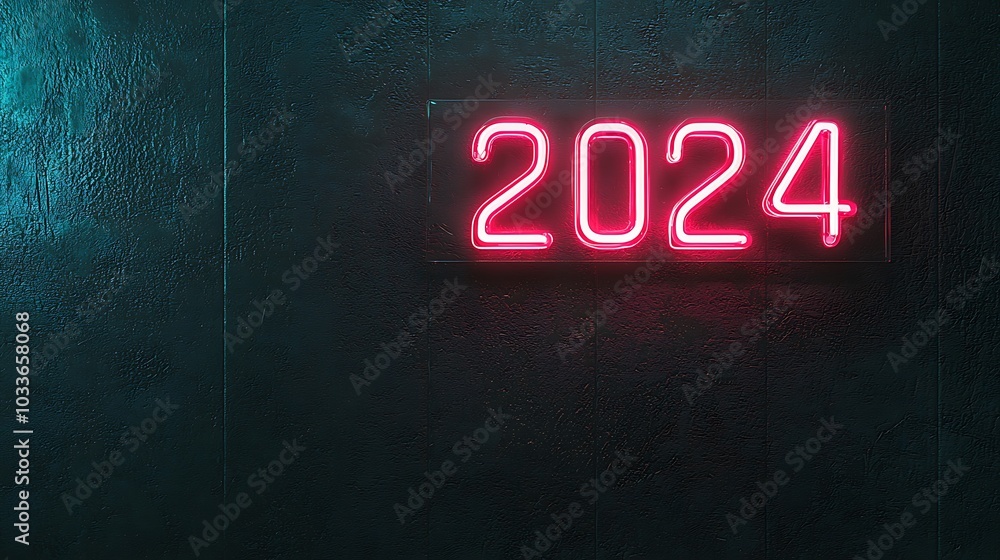 The image features a glowing neon sign displaying the year The image features a glowing neon sign displaying the year