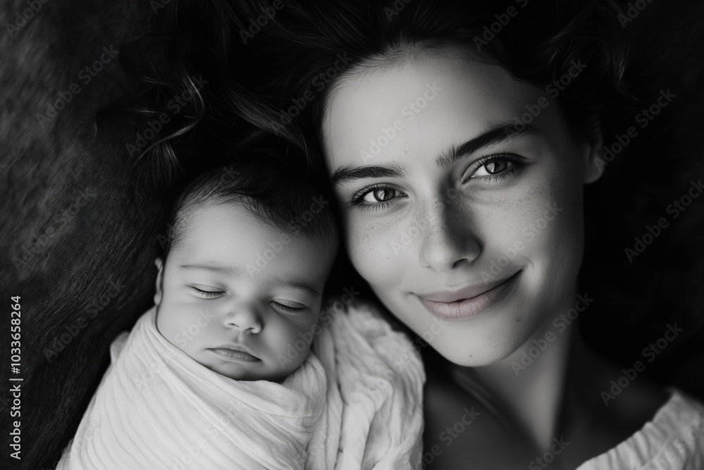 A beautiful black and white photo of a mother and her newborn baby lying together. The baby is peacefully sleeping while the mother gently smiles, capturing a serene and intimate moment of motherhood A beautiful black and white photo of a mother and her newborn baby lying together. The baby is peacefully sleeping while the mother gently smiles, capturing a serene and intimate moment of motherhood