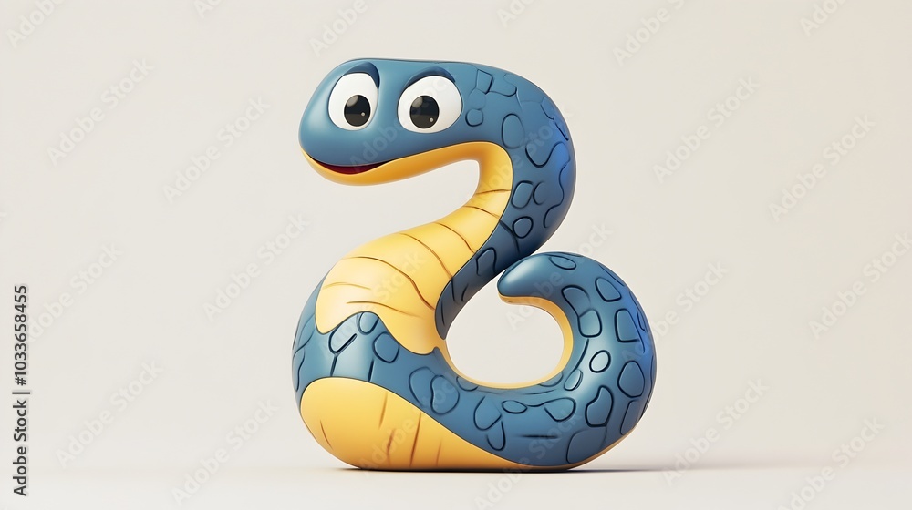 Fototapeta premium Stylized Snake Shaped Number with Cute Smiling Face and Scaly Curves