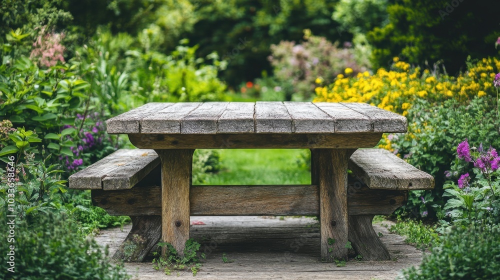 A wooden table set in a tranquil garden, surrounded by green plants and summer flowers. The perfect setting for summer-themed ads or product displays. A wooden table set in a tranquil garden, surrounded by green plants and summer flowers. The perfect setting for summer-themed ads or product displays.