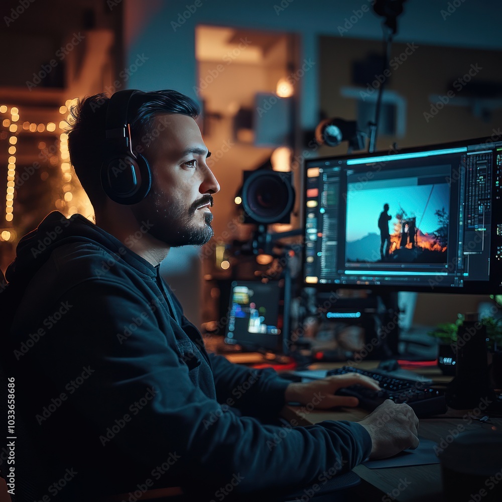 Video creator working in modern studio Video creator working in modern studio