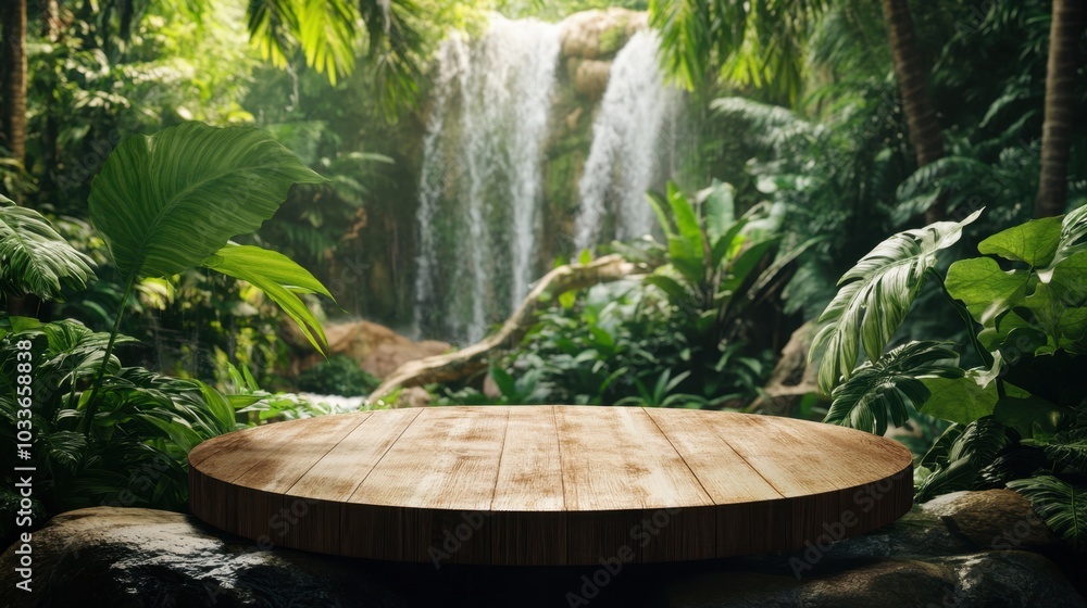 A wooden table top podium set in a lush, green tropical forest with a serene waterfall in the background, perfect for natural product display. A wooden table top podium set in a lush, green tropical forest with a serene waterfall in the background, perfect for natural product display.