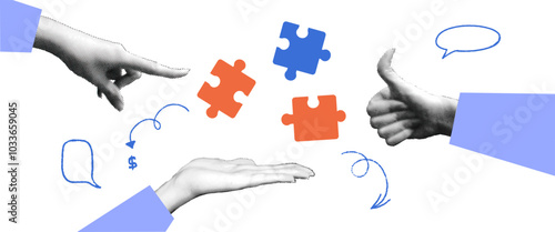 Puzzle teamwork collage with halftone hand. Partnership team on work or education. Vector illustration. Brainstorm halftone
