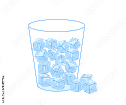 Glass with ice cube, frozen water drink in blocks. Refreshing ice cubes for drinking. Cold temperature in beverage. Vector illustration