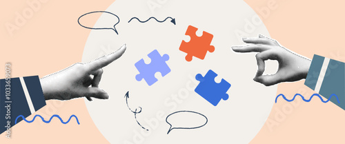 Puzzle teamwork collage with halftone hand. Partnership team on work or education. Vector illustration. Brainstorm halftone