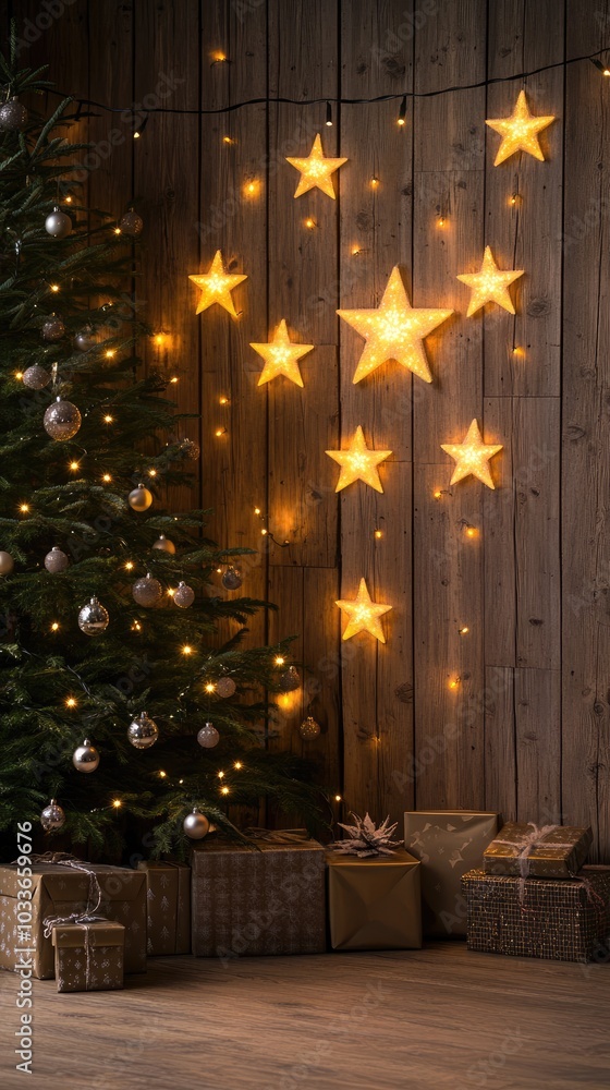 Cozy Christmas Room with Starry Lights and Light Wood Backdrop Cozy Christmas Room with Starry Lights and Light Wood Backdrop