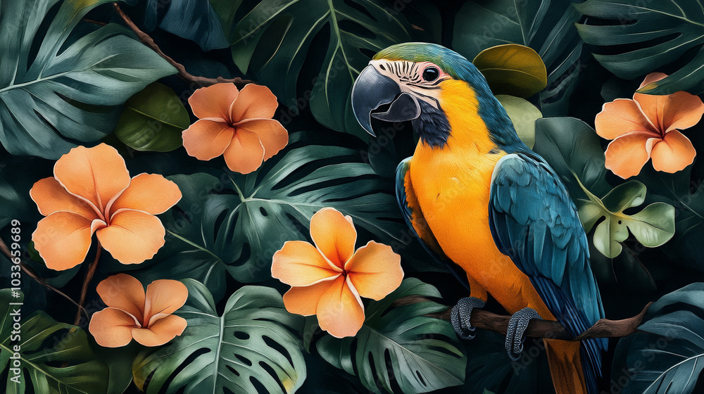 Fototapeta premium Seamless Watercolor Pattern with Tropical Leaves and Birds in Vibrant Colors