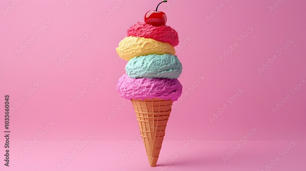 Vibrant Ice Cream Cone with Stacked Scoops and Cherry Topping Vibrant Ice Cream Cone with Stacked Scoops and Cherry Topping