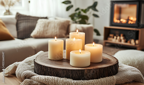 Wooden table with five candles on it