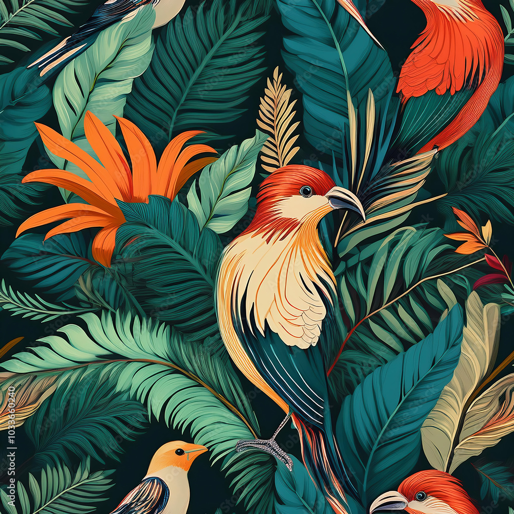Fototapeta premium Seamless pattern with tropical birds and flowers. Vector illustration.