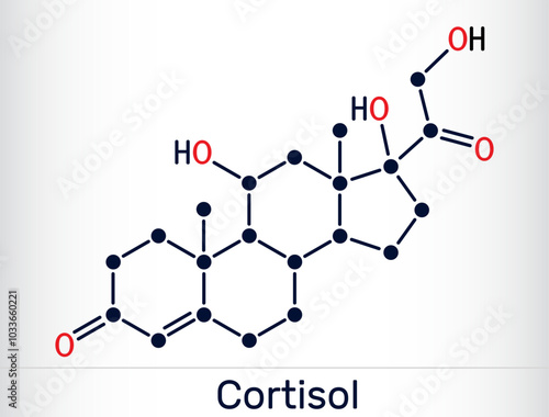 Cortisol, hydrocortisone steroid molecule. Stress hormone involved in metabolism and immune response. Chemical structure. Vector illustration