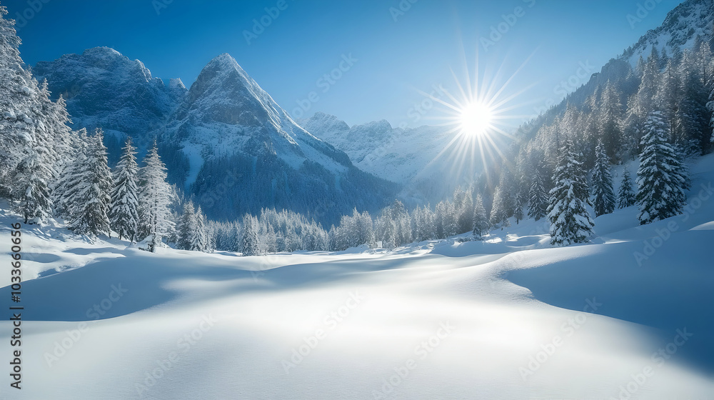 Obraz premium A snowy winter landscape with towering mountains and bright sunshine. -