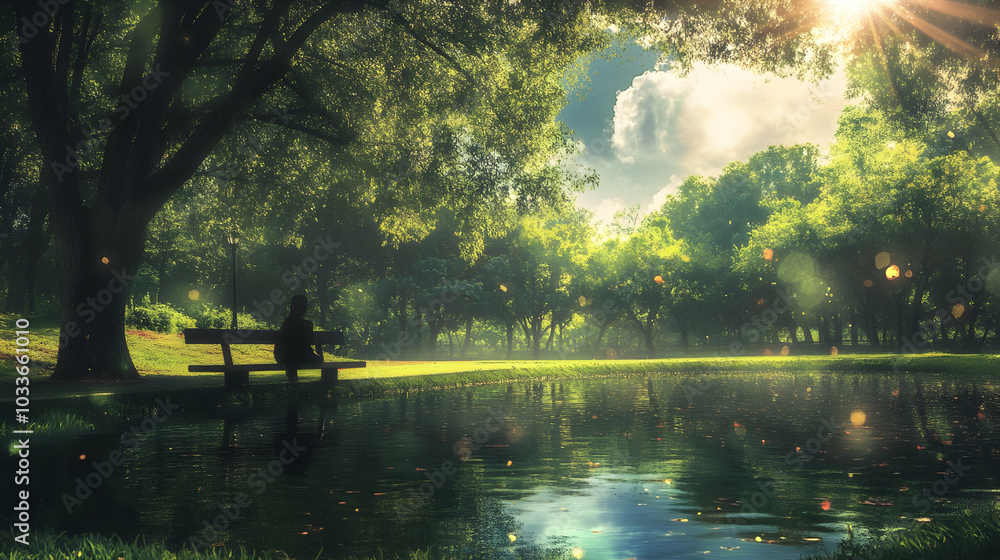 A tranquil park scene with a person reflecting amidst peaceful surroundings. - A tranquil park scene with a person reflecting amidst peaceful surroundings. -