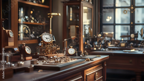 A watchmaker's workshop filled with tools and mechanical watches, showcasing detailed craftsmanship. -