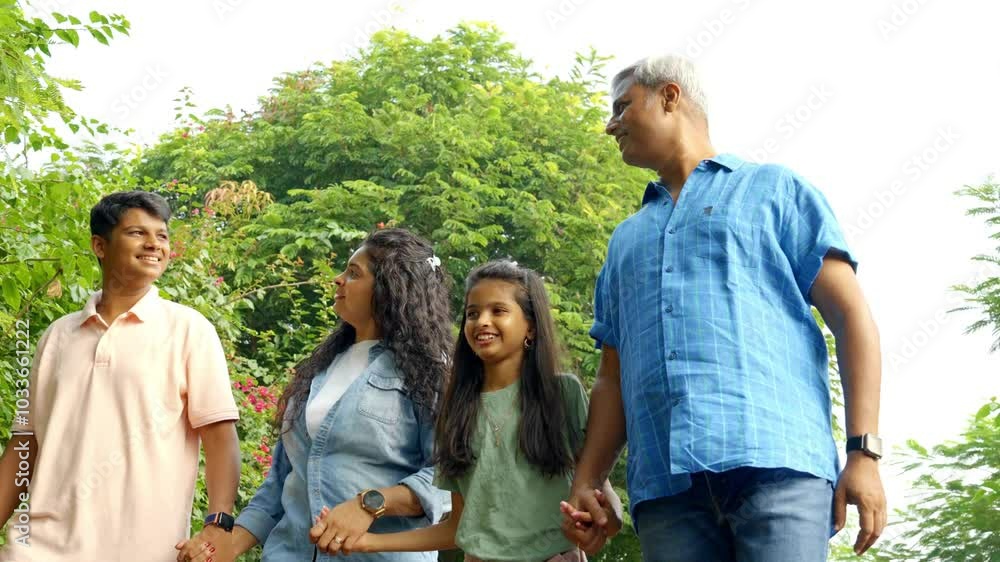 An Indian Asian family of four enjoys a joyful moment outdoors, with parents in their forties and two kids happily walking together, captured from a lower angle An Indian Asian family of four enjoys a joyful moment outdoors, with parents in their forties and two kids happily walking together, captured from a lower angle