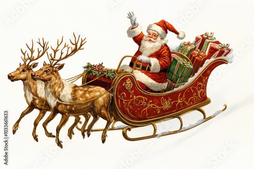 Santa flying in a sleigh with reindeer illustration santa celebration. photo