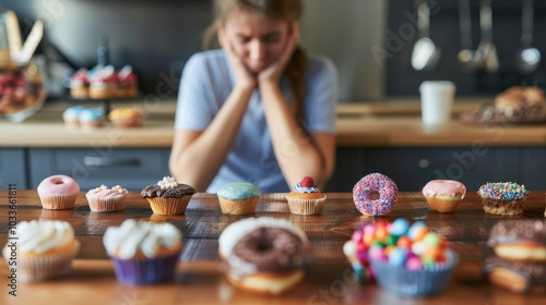 Sad person surrounded by sugary foods, reflecting the struggle between indulgence and emotional well-being, highlighting the complexities of comfort and self-care. photo