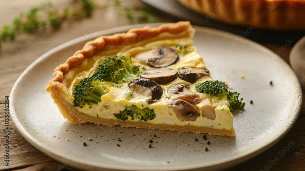 Close-up of a slice of broccoli and mushroom quiche with a golden crust, served on a simple plate, fresh and savory. Close-up of a slice of broccoli and mushroom quiche with a golden crust, served on a simple plate, fresh and savory.