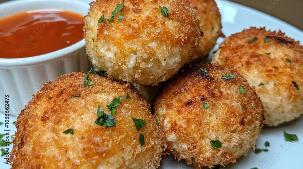Close-up of cheese croquettes on a plate, crispy and delicious, with a sprinkle of herbs and a side sauce for dipping. Close-up of cheese croquettes on a plate, crispy and delicious, with a sprinkle of herbs and a side sauce for dipping.