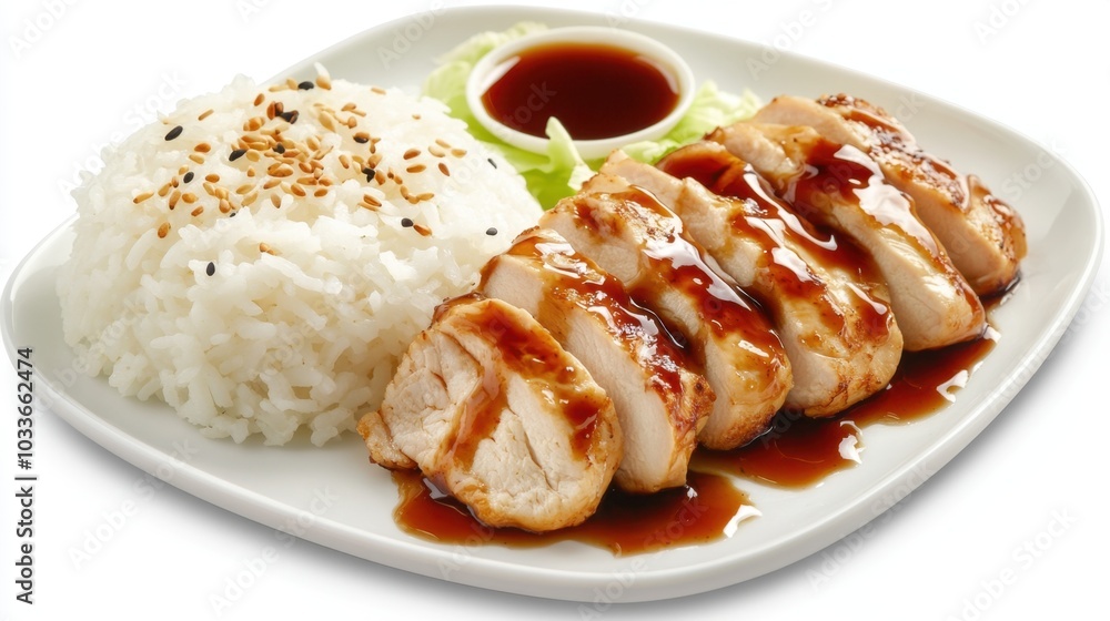 Close-up of teriyaki chicken drizzled with sauce, accompanied by a portion of white rice, arranged on a clean white plate. Close-up of teriyaki chicken drizzled with sauce, accompanied by a portion of white rice, arranged on a clean white plate.