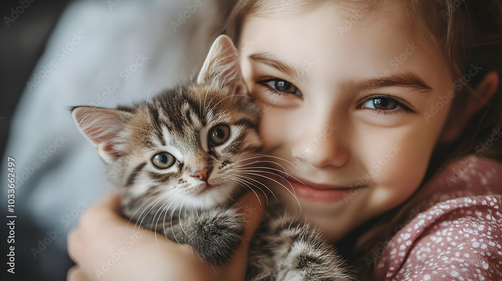 A young girl holding a kitten gently in her arms. - A young girl holding a kitten gently in her arms. -