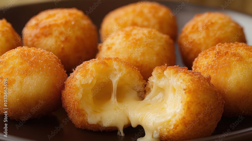 Crispy cheese croquettes arranged on a sleek plate, ready to serve, with melted cheese oozing from the centers. Crispy cheese croquettes arranged on a sleek plate, ready to serve, with melted cheese oozing from the centers.