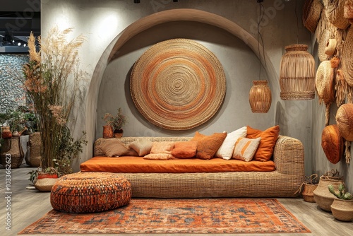 Interior design of ethno style living room with rattan furniture, daybed, pouf, hanging decoration on the wall, lamp and elegant personal accessories, Generative AI