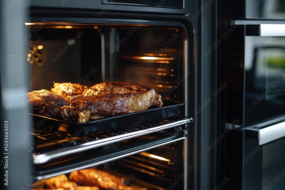 Close-up of food cooking inside a high-tech oven with interior lights on Close-up of food cooking inside a high-tech oven with interior lights on