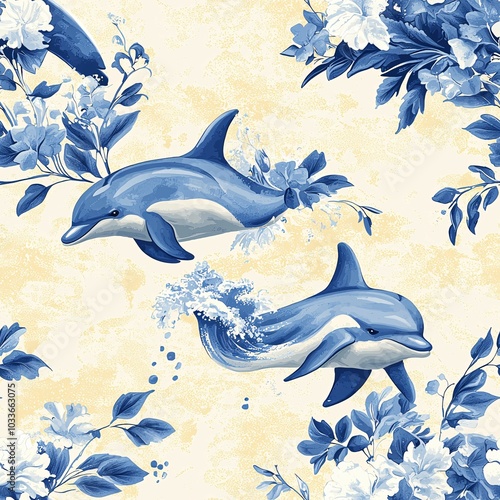 A serene blue and white design featuring dolphins gracefully swimming among floral patterns. photo