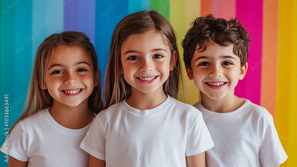 children in white T-shirts smiling on colorful  background