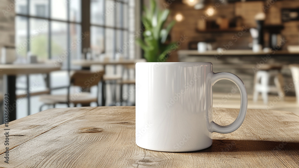 mockup White mug on a wooden table in a coffee sho mockup White mug on a wooden table in a coffee sho