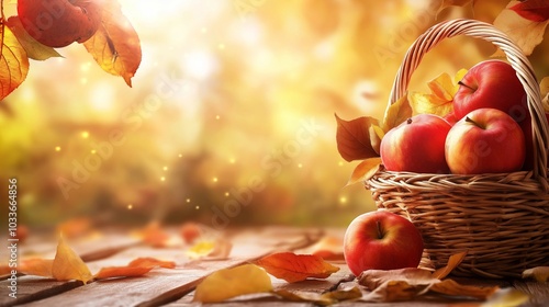 A cozy autumn scene with a basket of red apples surrounded by golden leaves on a wooden surface, bathed in warm sunlight, symbolizing the abundance and beauty of the fall harvest