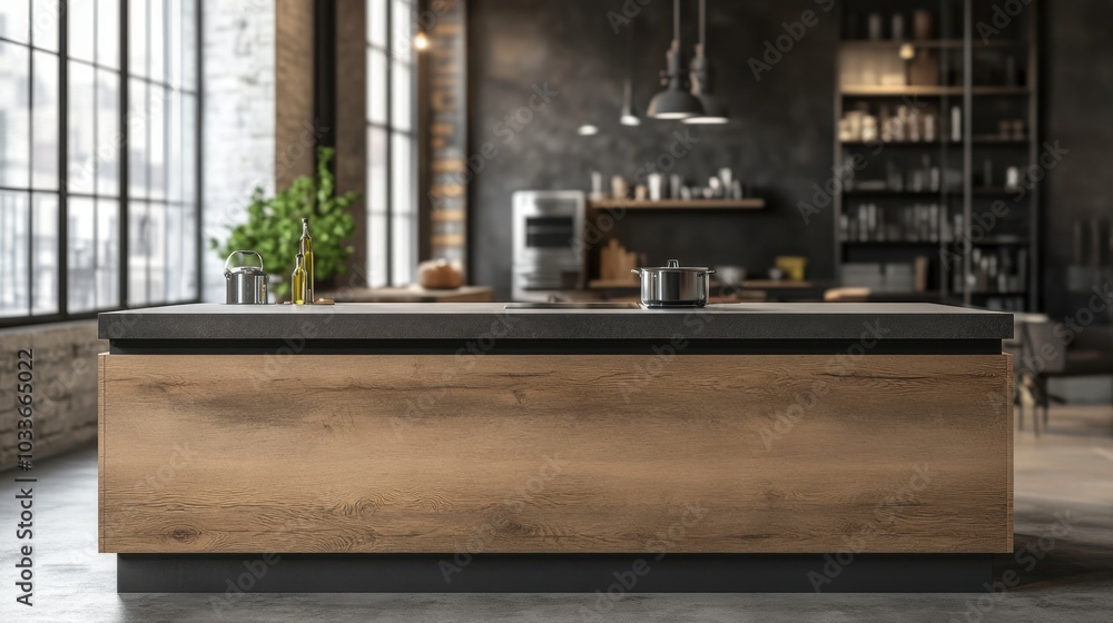 Empty wooden kitchen island with blurred kitchen appliances and furniture in the background, perfect for product photography. Empty wooden kitchen island with blurred kitchen appliances and furniture in the background, perfect for product photography.