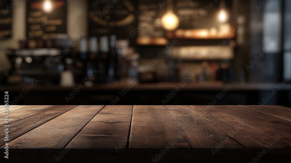 Empty wooden table in focus with a blurred coffee shop setting in the background. Soft bokeh lights create a welcoming atmosphere for your designs. Empty wooden table in focus with a blurred coffee shop setting in the background. Soft bokeh lights create a welcoming atmosphere for your designs.