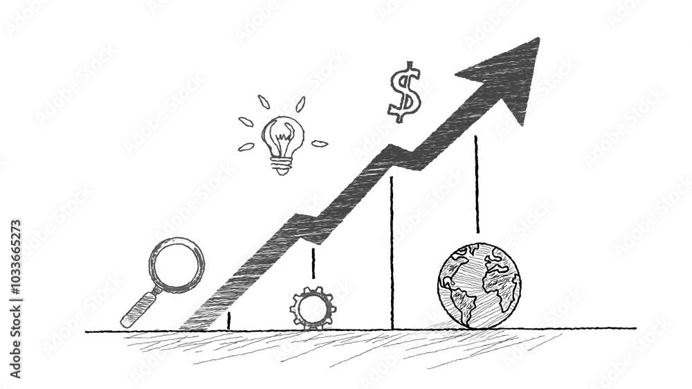 Business growth and success in global terms concept. Hand-drawn sketch of Graph with an upward trending arrow, with dollar sign, light bulb and magnifying glass. Financial growth and Expansion