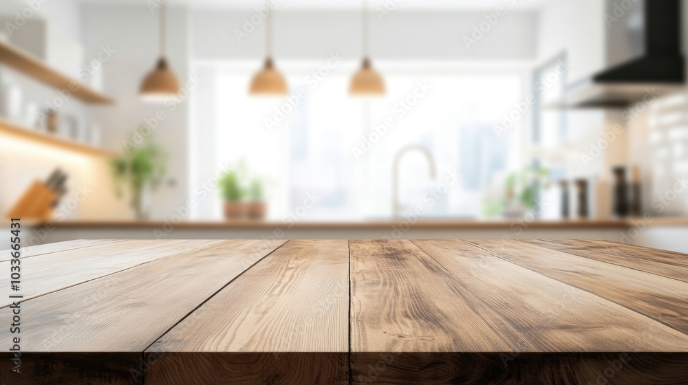 Empty wooden table top with a blurred modern kitchen in the background, perfect for food presentations or product placement. Empty wooden table top with a blurred modern kitchen in the background, perfect for food presentations or product placement.