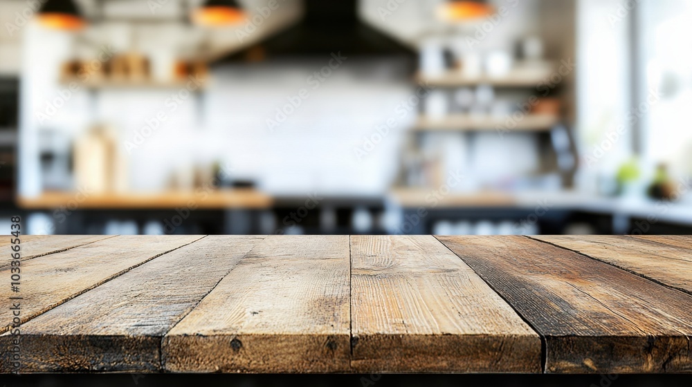 Empty wooden table top in sharp focus, with a blurred modern kitchen in the background, perfect for product placement or food-related visuals Empty wooden table top in sharp focus, with a blurred modern kitchen in the background, perfect for product placement or food-related visuals