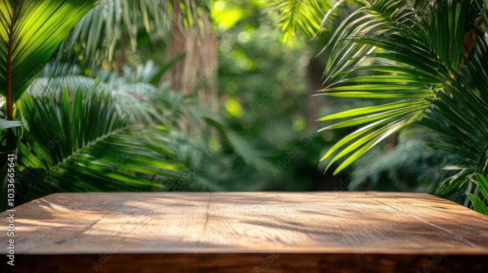 Empty wooden table with palm leaves framing a beach party backdrop, ideal for summer product displays or vacation promotions.