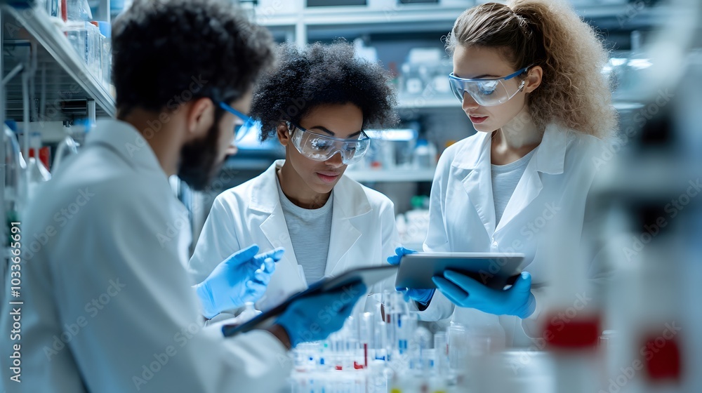 Three Scientists Reviewing Data on a Tablet in a Laboratory Setting Three Scientists Reviewing Data on a Tablet in a Laboratory Setting