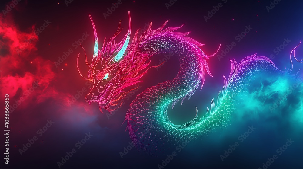 A colorful dragon neon lights on a dark background A colorful dragon neon lights on a dark background