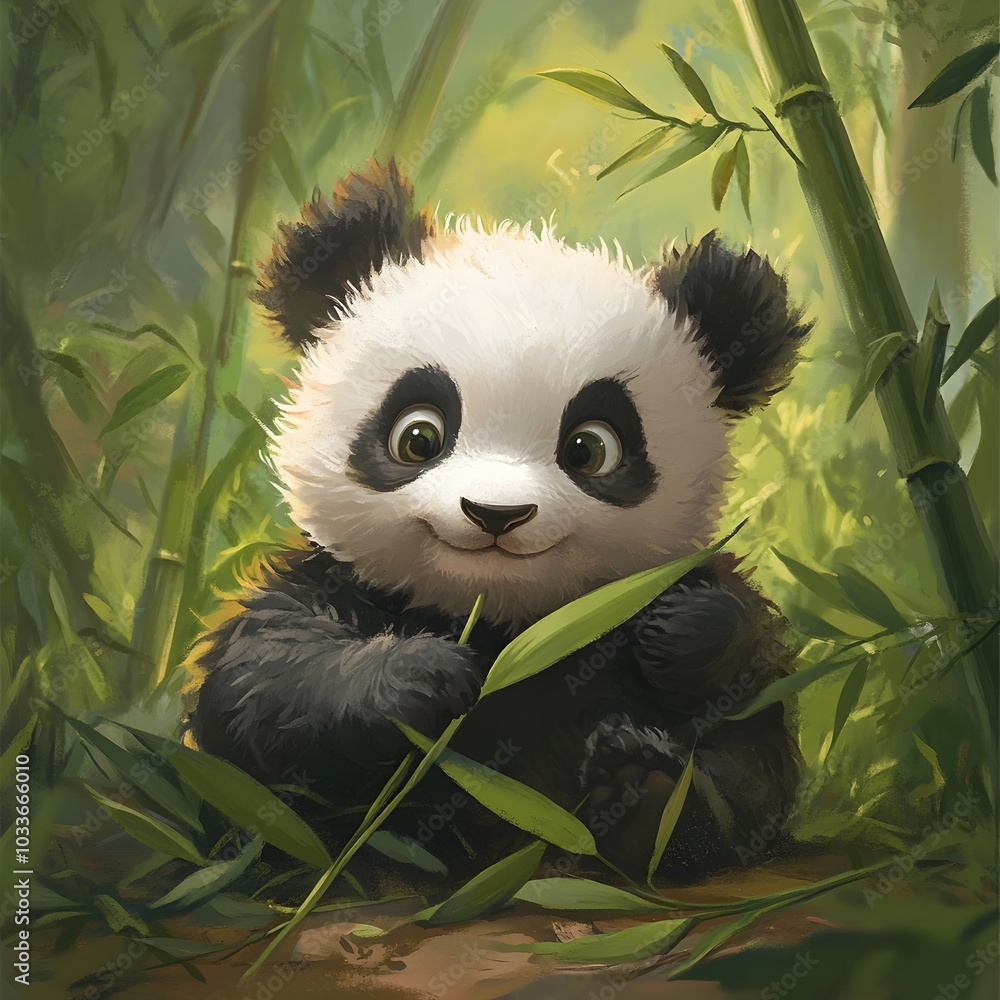 Tiny Panda Cub Playfully Rolling in Bamboo Leaves with Lush Green Forest Backdrop Tiny Panda Cub Playfully Rolling in Bamboo Leaves with Lush Green Forest Backdrop
